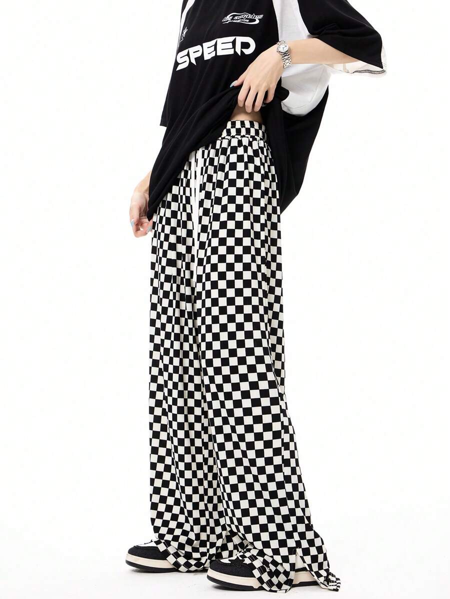 Coolane Checkerboard Straight-Legged Street Style Casual Extra-Long Pants - Black and White - View 1