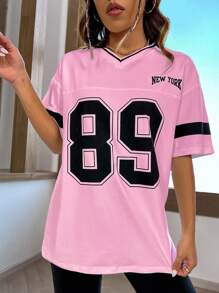 SHEIN LUNE Áo thun nữ tay ngắn mùa hè in kỹ thuật số, áo thun họa tiết cổ chữ V dành cho nữ - Hồng - Xem 3