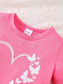Conjunto veraniego informal para bebé niña con camiseta de manga corta y pantalones cortos impresos con corazones y mariposas - Rosa - Ver 7