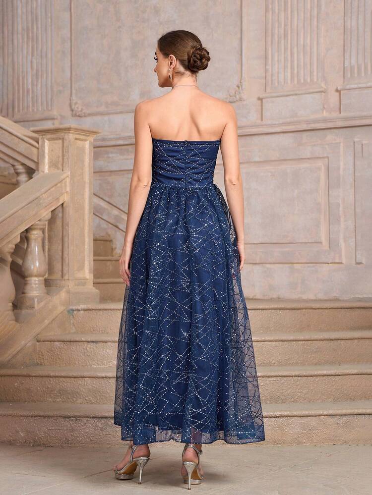 ブルー ストラップレス メッシュ スパンコール パッチワーク ドレス
