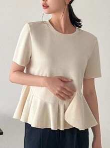 FRIFUL 女款夏季純色圓領短袖T恤，有褶邊設計 - 杏色 - 查看 6