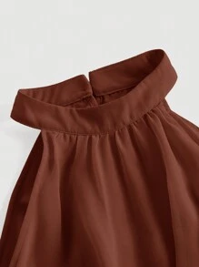 SHEIN MOD 纯色荷叶边饰挂脖式褶皱腰粉色夏季连衣裙，弗拉门戈连衣裙 - 摩卡棕 - 查看 3