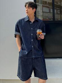 DAZY Áo Sơ Mi Và Quần Short Denim Màu Trơn Mùa Hè Cho Nam Trở Lại Trường Học - Màu xanh lam - Xem 6