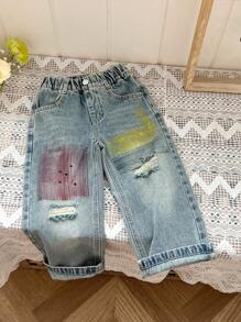 YOUNG GIRL Street Style Cool Handmade Brush Detail Flat Pockets Ripped Straight Jeans - Light Wash - View 1