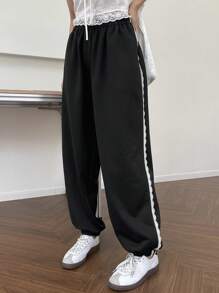 FRIFUL Elastic Waistband Wide Leg Women's Culottes With Woven Ribbon Bow Decoration, Loose & Long Fall,Winter Sweatpants - Black - View 7