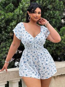 Flirla Plus Size Boho Floral Printed Digital Tie Waist Romper, For Summer - White - View 1