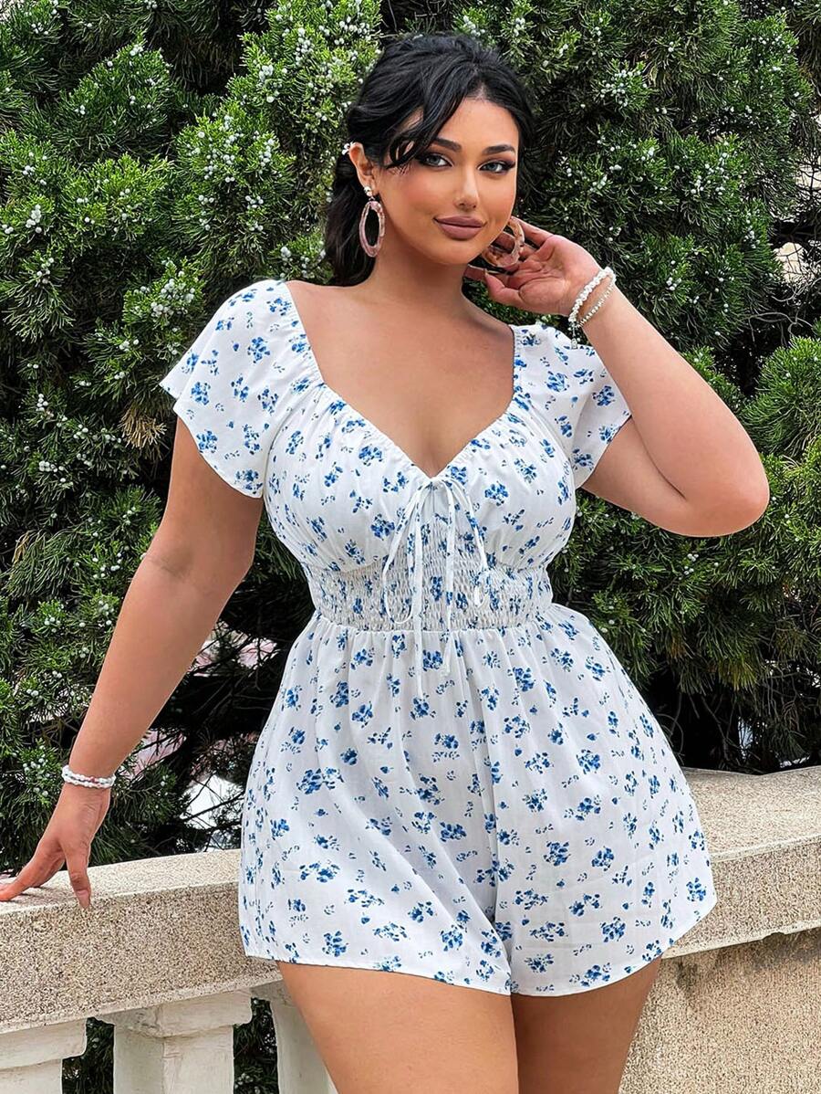 Flirla Plus Size Boho Floral Printed Digital Tie Waist Romper, For Summer - White - View 1