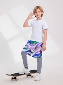 SHEIN Tween 男童 2 件套运动套装 - 渐变印花瑜伽/健身/跑步透气弹性宽松短裤 + 柔软灰色裤子 - 彩色 - 查看 5