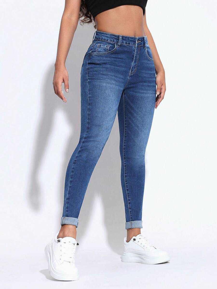 SHEIN PETITE Quần jean nữ dáng ôm vừa vặn có viền cuộn và túi - Rửa trung bình - Xem 1