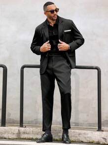 Manfinity Mode Men's Plus-Size Single-Breasted Long Sleeve Suit Jacket And Flat Front Suit Pants Solid Color Suit Set With Pockets - Black - View 4