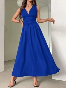 SHEIN Privé 女士法式風格高腰褶皺長裙，無袖V領2024新款 - 寶藍色 - 查看 8