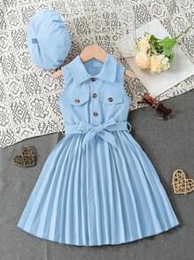 SHEIN Vestido elegante con cuello de camisa y línea A de unicolor sin mangas para niñas jóvenes con cinturón de cintura plisado y boina, adecuado para fiestas y vacaciones, verano - Azul - Ver 1