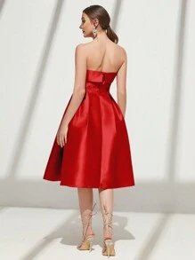 SHEIN Belle Ladies' Solid Color Simple Daily Strapless Formal Dress, Wedding Guest Dress Party Dress Prom Dress - Red - View 2