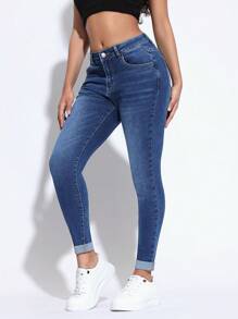 SHEIN PETITE Quần jean nữ dáng ôm vừa vặn có viền cuộn và túi - Rửa trung bình - Xem 5