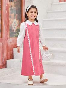 SHEIN Robe longue 2 en 1 pour jeune fille élégante avec manches bouffantes et ourlet en dentelle, bloc de couleur, adaptée pour des occasions telles que le port quotidien, les réunions familiales, les fêtes d'anniversaire et les occasions spéciales, idéale pour l'automne/hiver - Multicolore - Voir 3