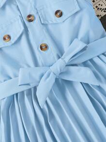 SHEIN Vestido elegante con cuello de camisa y línea A de unicolor sin mangas para niñas jóvenes con cinturón de cintura plisado y boina, adecuado para fiestas y vacaciones, verano - Azul - Ver 4