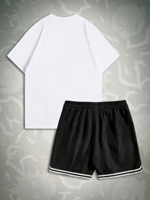 ROMWE MEN Rick and Morty | ROMWE 男士休闲运动卡通人物字母印花短袖 T 恤和抽绳腰短裤套装，夏季，学校