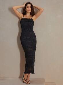 Anewsta Glitter Ruffle Trim Slim Strap Solid Color Summer Spaghetti Strap Dress - Black - View 4