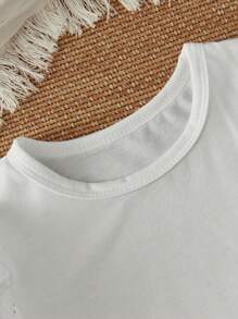 SHEIN Vintaside Kids Cô Gái Trẻ Màu thuần Trắng Cơ bản Áo thun Với Vòng cổ Và Tay áo phồng Cho mùa hè - trắng - Xem 3