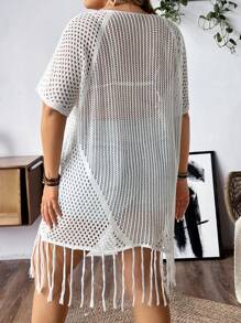 SHEIN Clasi 大尺碼女士夏日假期純色V領綁肩襉袖空心針織連衣裙 - 白色 - 查看 2