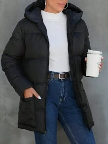 RueChic Dual Pocket Hooded Puffer Coat - Black - View 5