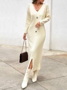 SHEIN Tall 100% Cotton Button Detail Split Hem Drop Shoulder Sweater Dress - Beige - View 4