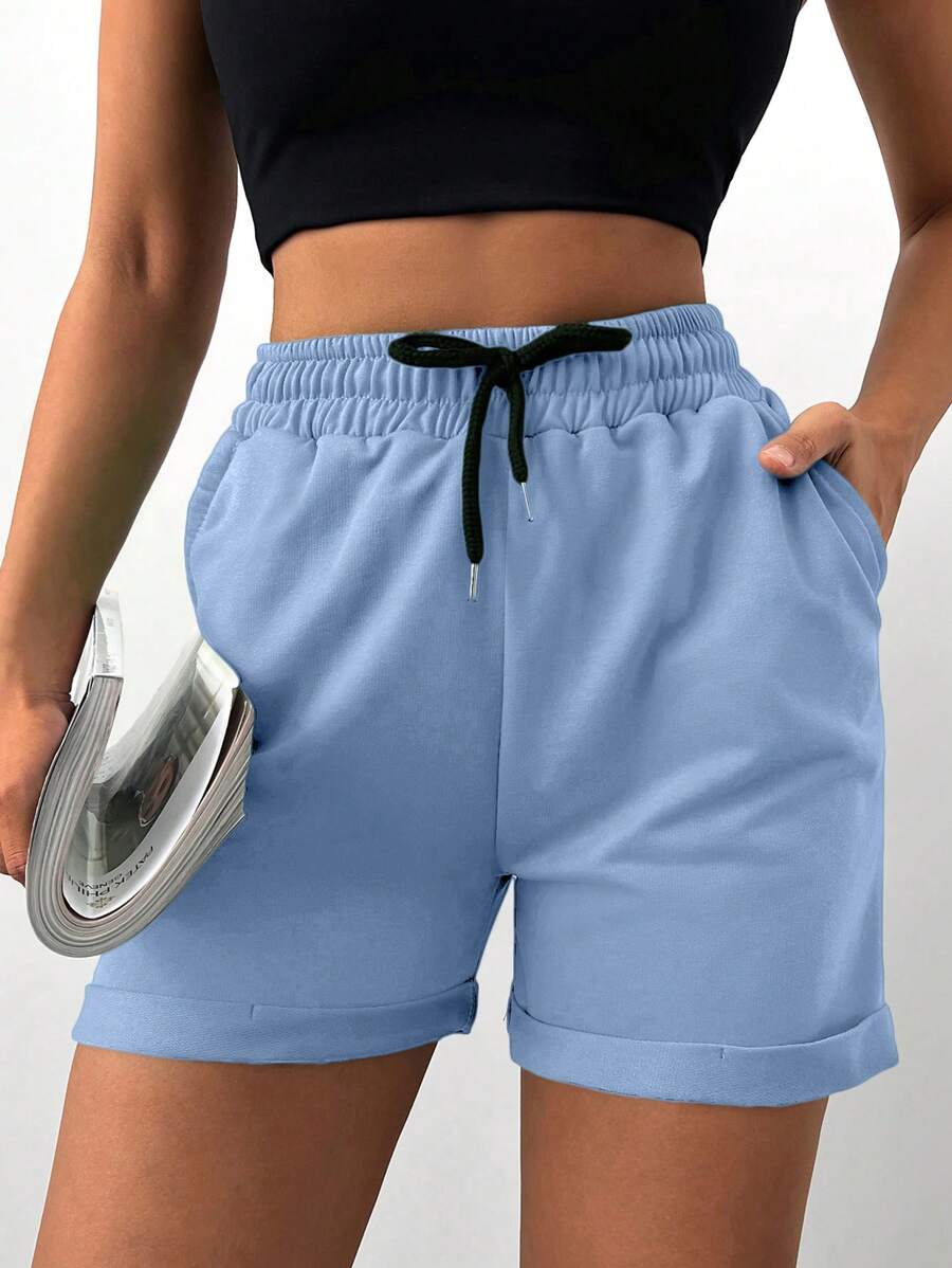 Cloudara Ladies' Solid Color Simple Casual Shorts - Baby Blue - View 1