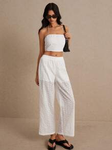 SHEIN Frenchy Embroidered Tube Top And Pants Set, Elastic Back Wrapped Chest, Low Waist Design, Cute Outfit For Casual, Holiday, Music Festivals, And Wedding Season