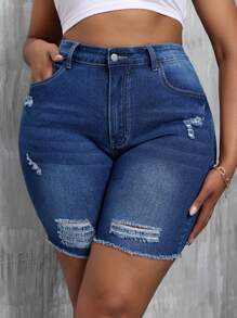 SHEIN SXY Plus Size Summer Casual Slim Fit Distressed Frayed Denim Shorts - Dark Wash - View 3