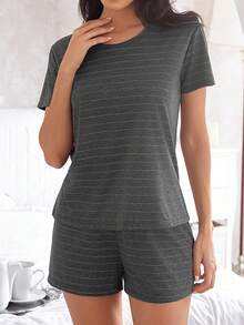 SHE(IN) BRASIL Pijama Short Doll Meia Malha Manga Curta Listrado Liso Feminino - 深灰色 - 查看 5