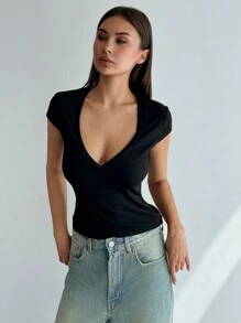 Aloruh 簡約優雅的年輕女性緊身短袖深V領T卹，適合外出穿著 - 黑色 - 查看 7