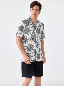Men's Tropical Print Short Sleeve Shirt And Solid Color Shorts Homewear Set - Black and White - View 5