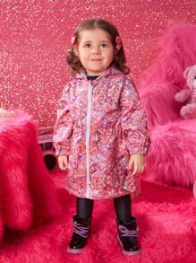 Baby Girl Allover Print Hooded Coat Without Sweater