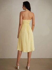 Femmeiva Clean Textured Fabric Twist-Knot Waist Backless Sleeveless Shirt Dress - Yellow - View 6