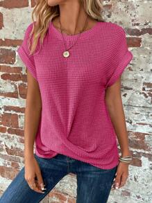 Camiseta de manga corta de cuello redondo de talla grande en tejido sólido de rejilla tipo gofre - Rosa - Ver 1