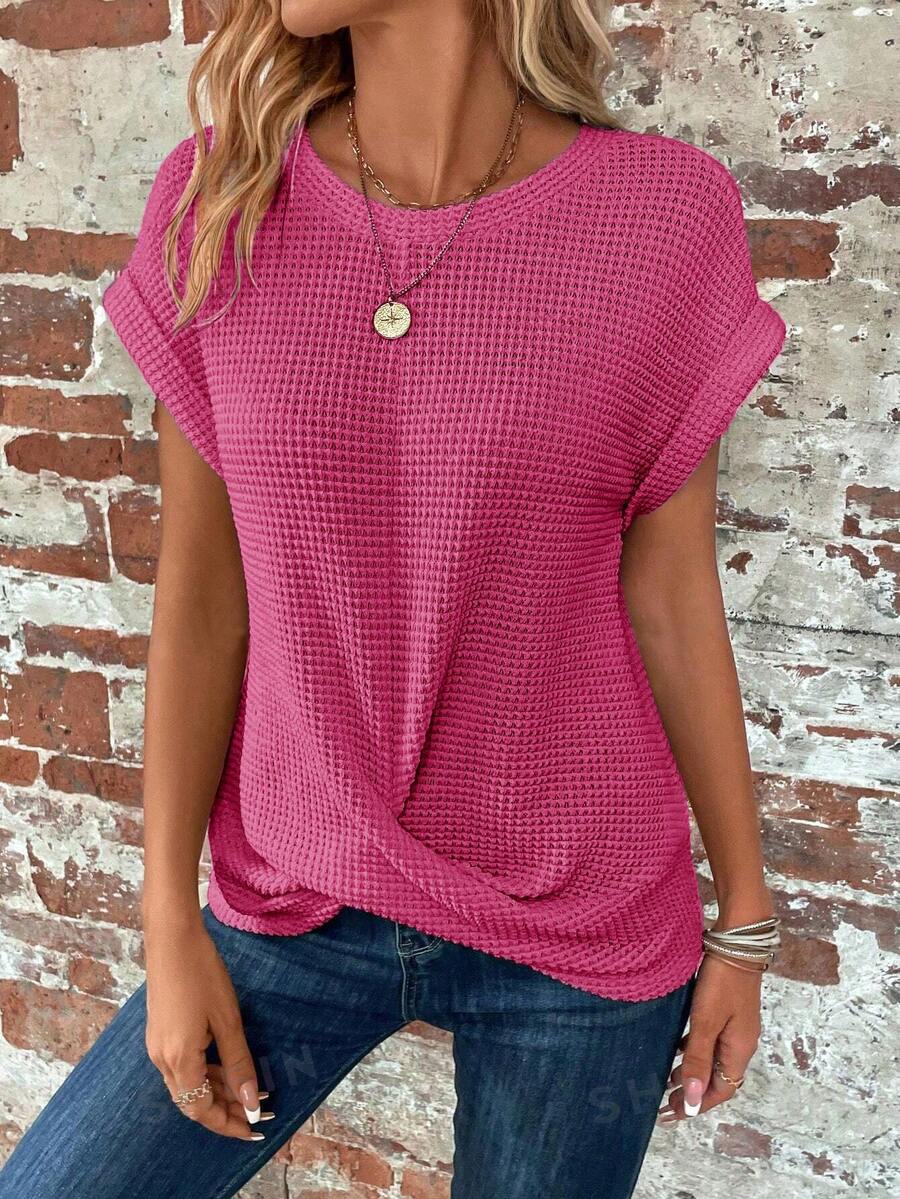 Camiseta de manga corta de cuello redondo de talla grande en tejido sólido de rejilla tipo gofre - Rosa - Ver 1