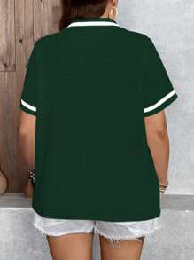 SHEIN LUNE Áo thun cổ bẻ khóa kéo cỡ lớn có viền đen, tay ngắn, vải thoáng khí và co giãn - Màu xanh lá cây đậm - Xem 2