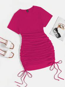 Flirla Đầm ngắn tay xếp ly đơn giản hàng ngày màu trơn dành cho nữ cỡ lớn - Màu Hồng Tươi - Xem 1
