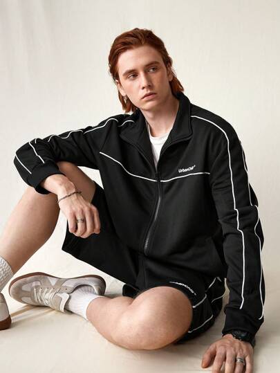 Manfinity VCAY Men's Fashionable Knitted Print Zipper Cardigan Long Sleeve Jacket And Shorts Set For Daily Wear, For Fall Winter