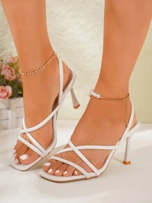 planare 女款時尚優雅露趾綁帶鑽石高跟PU涼鞋，舒適腳墊夏日必備 - 白色 - 查看 5