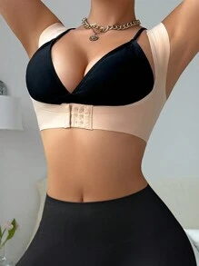 Camiseta moldeadora sin costuras para mujer con cierre frontal y soporte de pecho, diseño en V en la espalda, 1 pieza