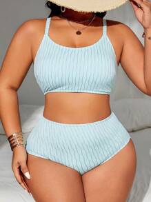 SHEIN Swim Curve 大尺碼夏季海灘閃爍波浪圖案藍色比基尼套裝 - 藍色 - 查看 4