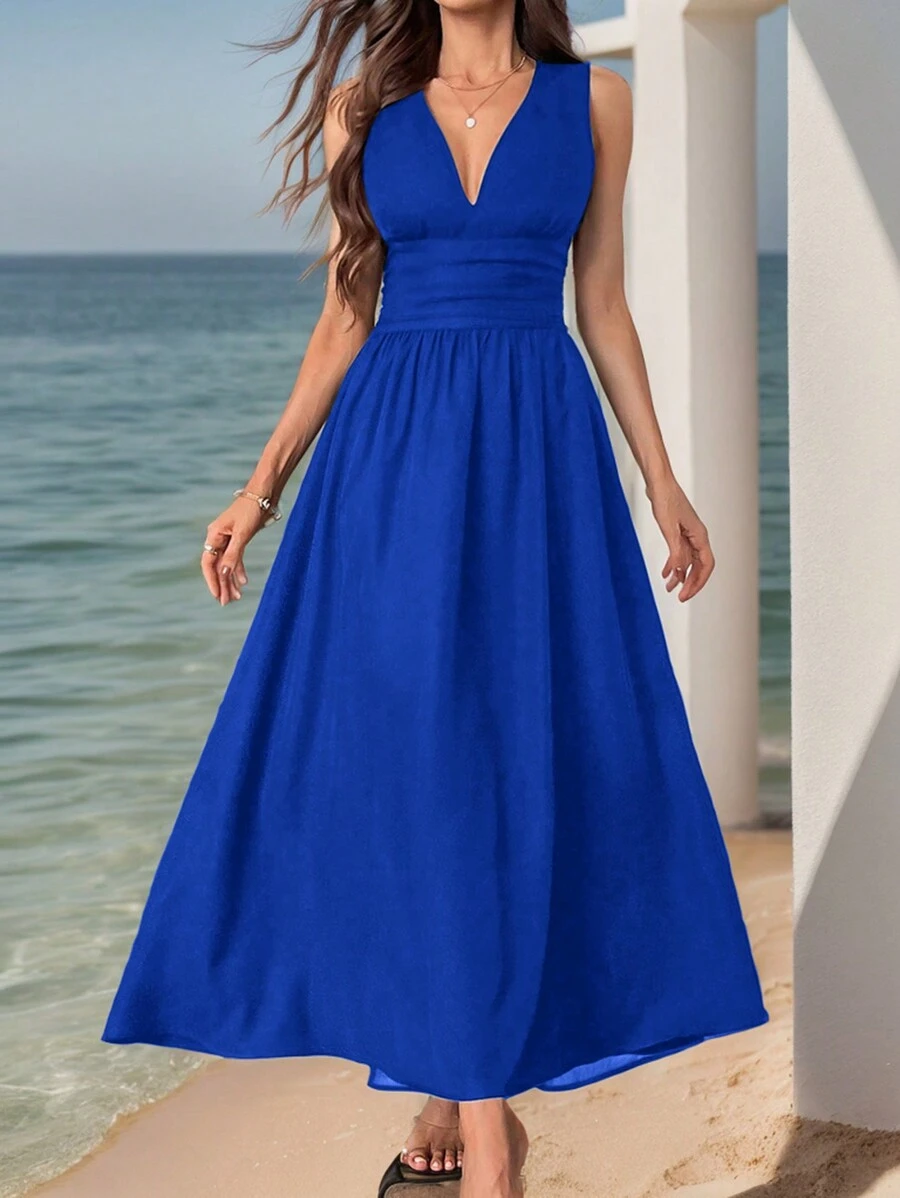 SHEIN Privé 女士法式風格高腰褶皺長裙，無袖V領2024新款 - 寶藍色 - 查看 1