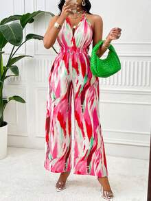 Backless Printed Jumpsuit With Neck Halter (Random Floral Pattern) - Pink - View 3
