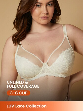 LUVLETTE Plus Soft Woman Lingerie Lounge Curve Sheer Full Coverage Support&Breathable Underwire Sexy Unlined Minimizer Lace Elegance & Mesh White Bra Bridal Intimates