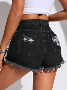 SHEIN PETITE Women's Asymmetrical Frayed Edge Fashion Denim Shorts, Summer