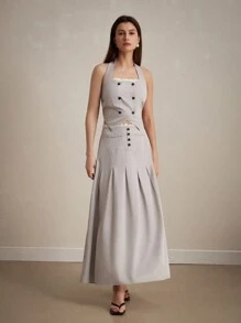 Femmeiva Conjunto de 2 piezas estilo académico para mujer: Chaleco con cordones para uso diario y espalda descubierta con doble botonadura y falda super larga plisada con empalme de encaje - Gris - Ver 5