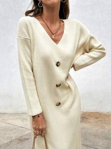 SHEIN Tall 100% Cotton Button Detail Split Hem Drop Shoulder Sweater Dress - Beige - View 5