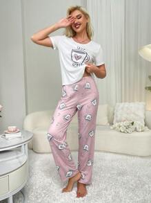 SweetSlumber Conjunto de pijama de patrón de taza de café con corazón para mujer - Rosa - Ver 4