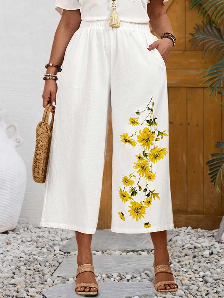 Plus Size Women's White Floral Printed Wide-Leg Pants, Summer